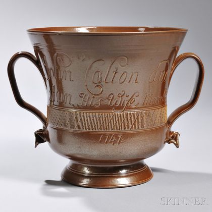 Brown Salt-glazed Stoneware Two-handled Marriage Cup