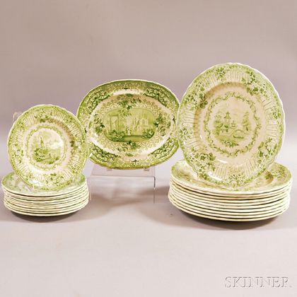 Twenty-two Pieces of R. Stevenson "Manhattan" Green Transfer-decorated Plates
