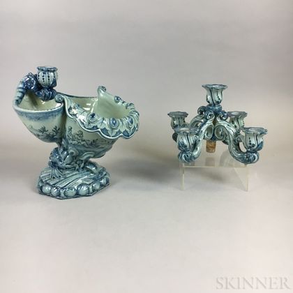 French Tin-glazed Faience Shell-form Five-light Candelabra