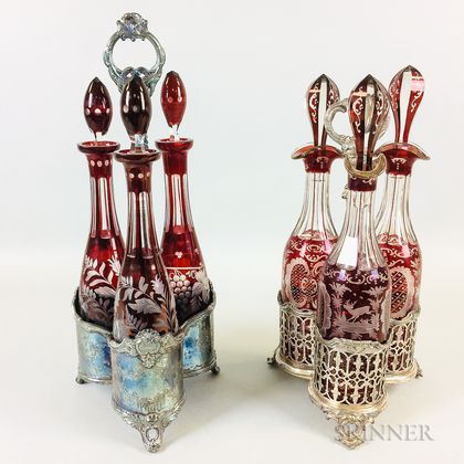 Two Ruby Cut-to-clear Decanter Sets in Silver-plated Stands