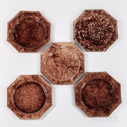 Five Staffordshire Press-molded Octagonal Tortoiseshell-glazed Earthenware Plates