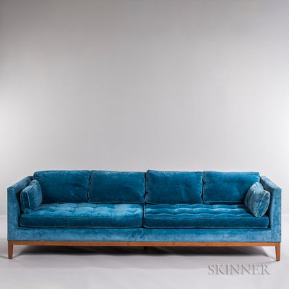 Blue Plush Upholstered Teak Sofa