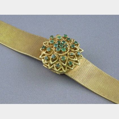 14kt Gold and Emerald Covered Panto 17-jewel Ladys Wristwatch. 
