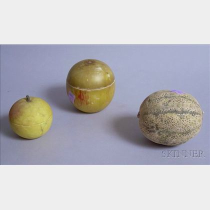 Two Painted Carved Stone Fruit-form Containers with Covers and a Ceramic Melon. 
