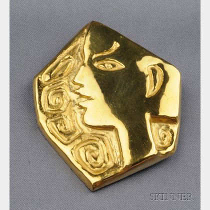 Artist Designed 23kt Gold Pendant/Brooch, Jean Cocteau