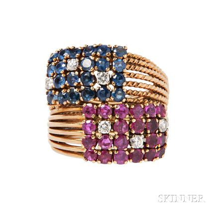 18kt Gold, Ruby, Sapphire, and Diamond Ring