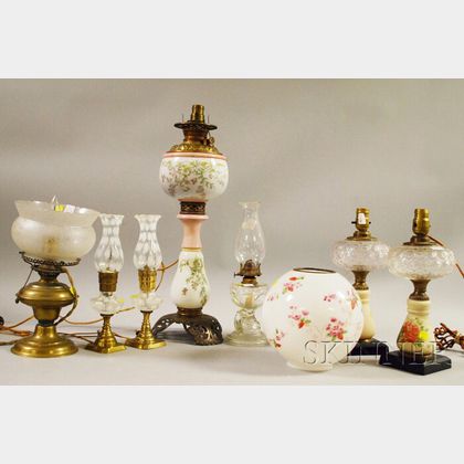 Seven Assorted Late Victorian and Victorian-style Decorated Kerosene Table Lamps