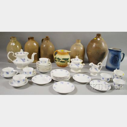 Thirty-three-piece English Chelseaware Partial Tea Service, a Roseville Pottery Jug, a Painted Molded Stoneware Pitcher, and Five Stone