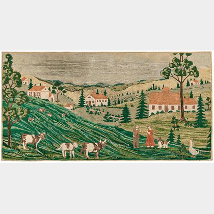 Large Hooked Rug with a Country Landscape