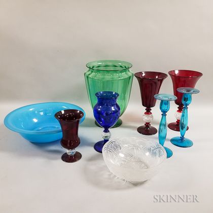 Eight Colored Glass Tableware Items