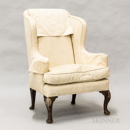 Georgian Upholstered and Carved Walnut Wing Chair
