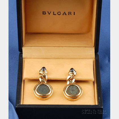 18kt Gold, Sapphire and Ancient Coin Earpendants, Bulgari