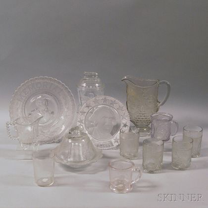 Thirteen Pieces of Commemorative Military and Patriotic Colorless Pattern Glass