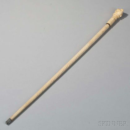 Carved Fist Holding Snake Whale Ivory and Whalebone Cane