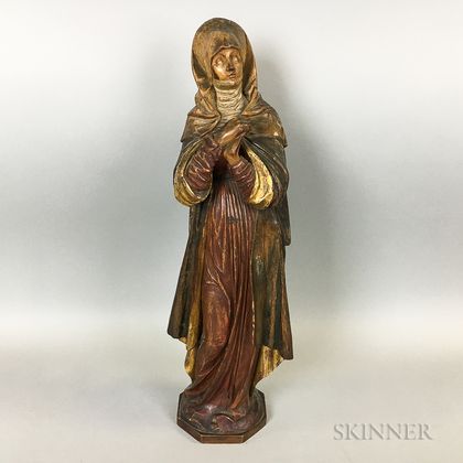 Carved, Stained, and Gilt Religious Figure of a Woman Praying