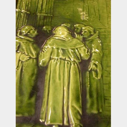 Framed J. & J.G. Low Gloss Green Glazed Ceramic Monks Plastic Sketch Panel