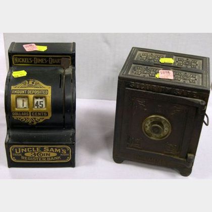 Black Painted Cast Iron Security Safe Deposit Bank and a Tin Uncle Sams 3-Coin Register Bank. 