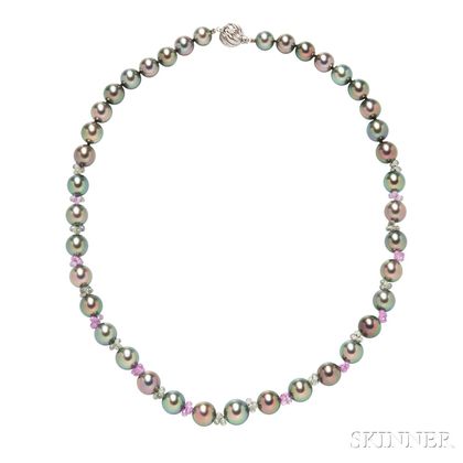 14kt White Gold, Tahitian Pearl, and Gem-set Necklace