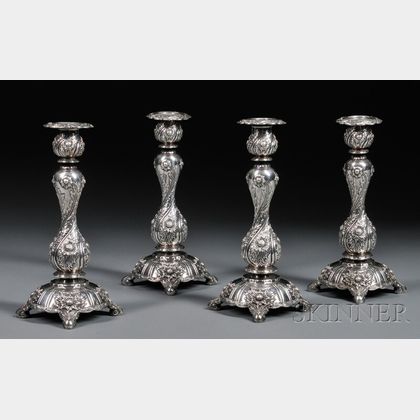 Four Tiffany & Co. Chrysanthemum Pattern Sterling Silver Candlesticks