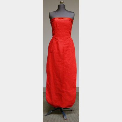 Karl Lagerfeld Red Linen and Satin Strapless Evening Dress