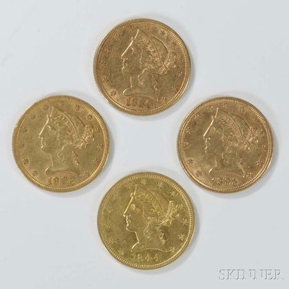 Four $5 Liberty Head Gold Coins