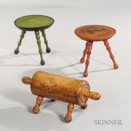 Two Similar Turned and Painted Stools and a Rolling Pin Footrest