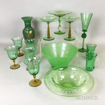 Fourteen Pieces of Green Glass Tableware
