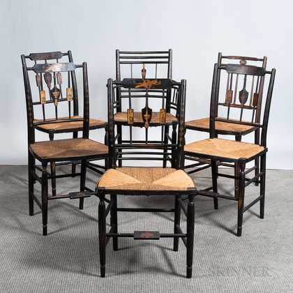 Assembled Set of Six Black-painted and Gilt Spindle-back Fancy Chairs