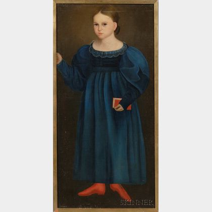 American School, 19th Century Portrait of a Girl Wearing a Blue Dress and Red Shoes.
