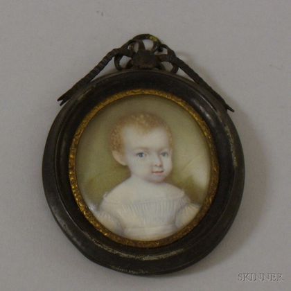Framed 19th Century Miniature Painted Portrait of a Red-Haired Baby in White Dress on Ivory