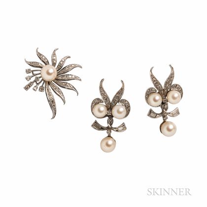 Cultured Pearl and Diamond Earrings and Brooch