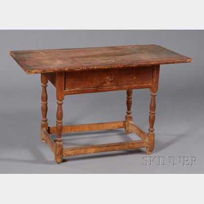Red-painted Turned Pine and Ash Stretcher-base Tavern Table