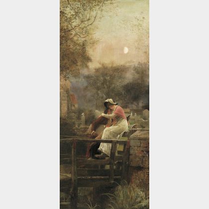 Marcus Stone (British, 1840-1921) Lovers Embracing by Moonlight