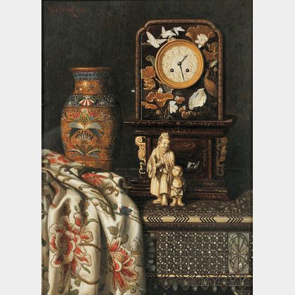 Max Schödl (Austrian, 1834-1921) Still Life with Clock, Vase, and Ivory Figures