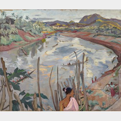 Alix Ayme (1894-1989),River Landscape of Luang Prabang, Laos