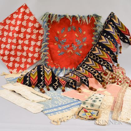 Small Group of Embroidered Needlework, Woven Textiles, and Lace. Estimate $20-200