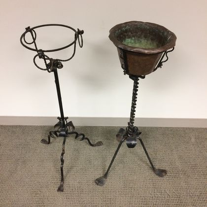 Samuel Yellin-style Wrought Iron and Copper Standing Jardiniere and Stand