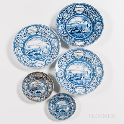 Five Staffordshire Historical Blue Transfer-printed Landing of the Fathers at Plymouth Plates