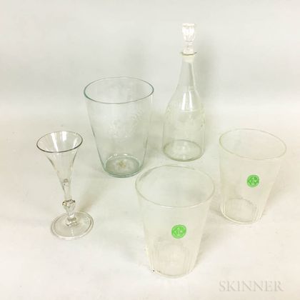 Five Mostly Etched Colorless Glass Items
