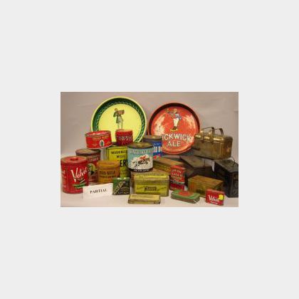 Approximately Thirty-six Lithographed Retail Cut Plug, Tobacco, Hardware, and Brewing Tins