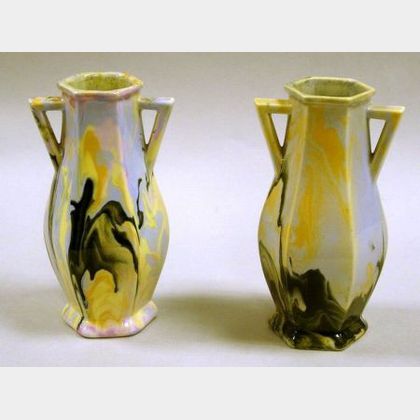 Pair of Mueller Pottery Swirl Glazed Ceramic Vases. 