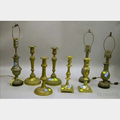 Five Brass Candlesticks and Three Pewter Lamps. 