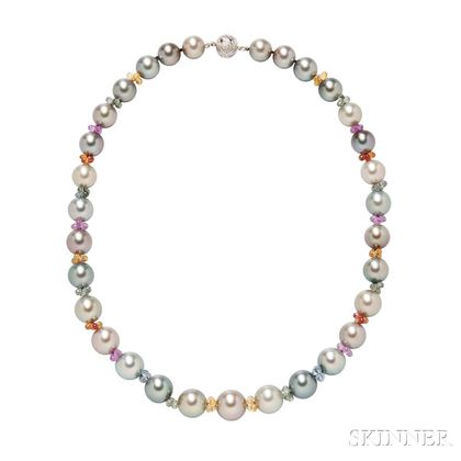 14kt White Gold, Tahitian Pearl, and Gem-set Necklace