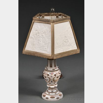 Bohemian White Cased Glass Lamp with Lithophane Shade