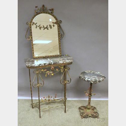 Baroque-style Marble-top Painted Wrought and Cast Iron Pier Table with Mirror and a Stand. 