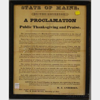 Framed Printed Broadside "State of Maine, By the Governor. A Proclamation for a Day of Public Thanksgiving and Praise,"