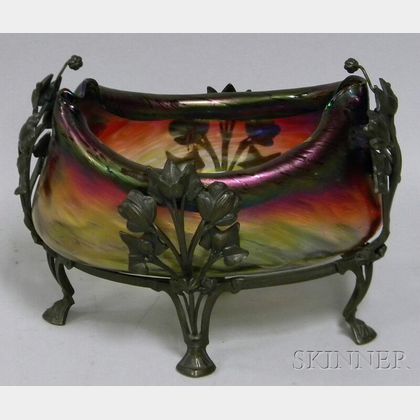 Loetz-type Art Nouveau Iridescent Colored Art Glass Center Bowl in Footed Metal Frame