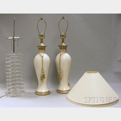 Modern Lucite Stacked Panel Table Lamp and a Pair of Modern Ceramic Baluster-form Table Lamps