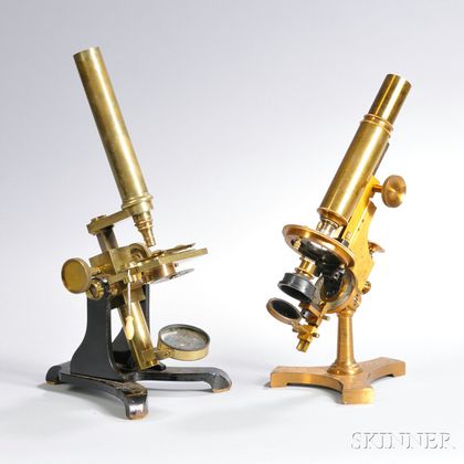 Two Lacquered Brass Monocular Microscopes