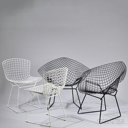 Four Painted Steel Harry Bertoia Chairs, United States, two armchairs in black and two white armless chairs, all constructed of steel w